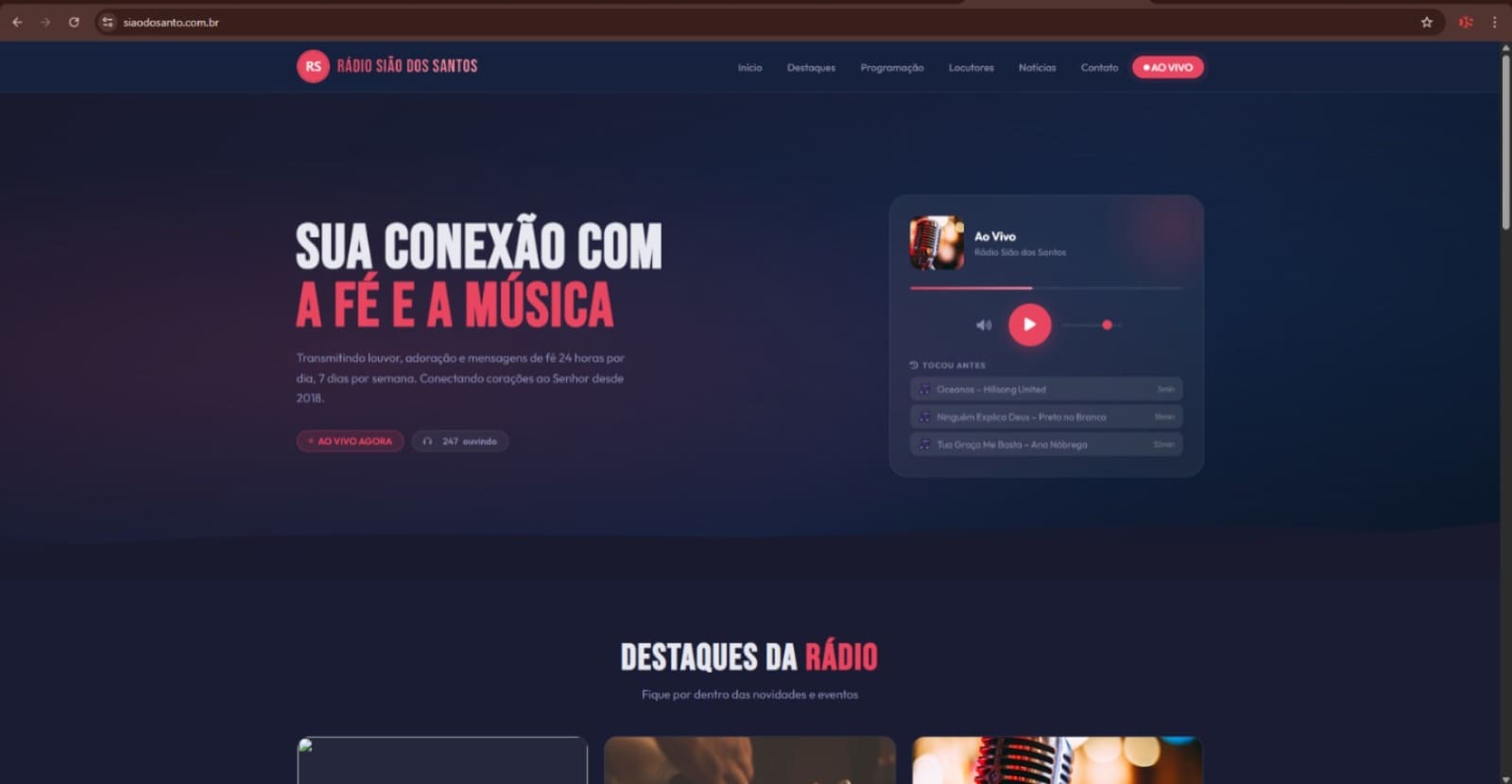 Site da Rádio Sião dos Santos — criado pela DS Publicar